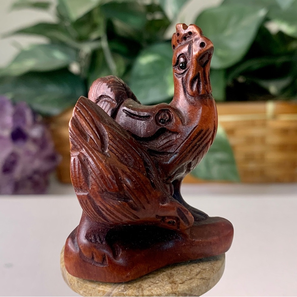 Boxwood Rooster Netsuke Hand Carved Chicken Hen & Chick Wood Animal Carving VTG